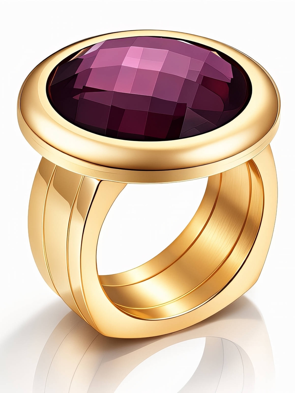 18Kt Gold Plated Over Stainless Statement Ring Size 7 with Purple Faceted Stone